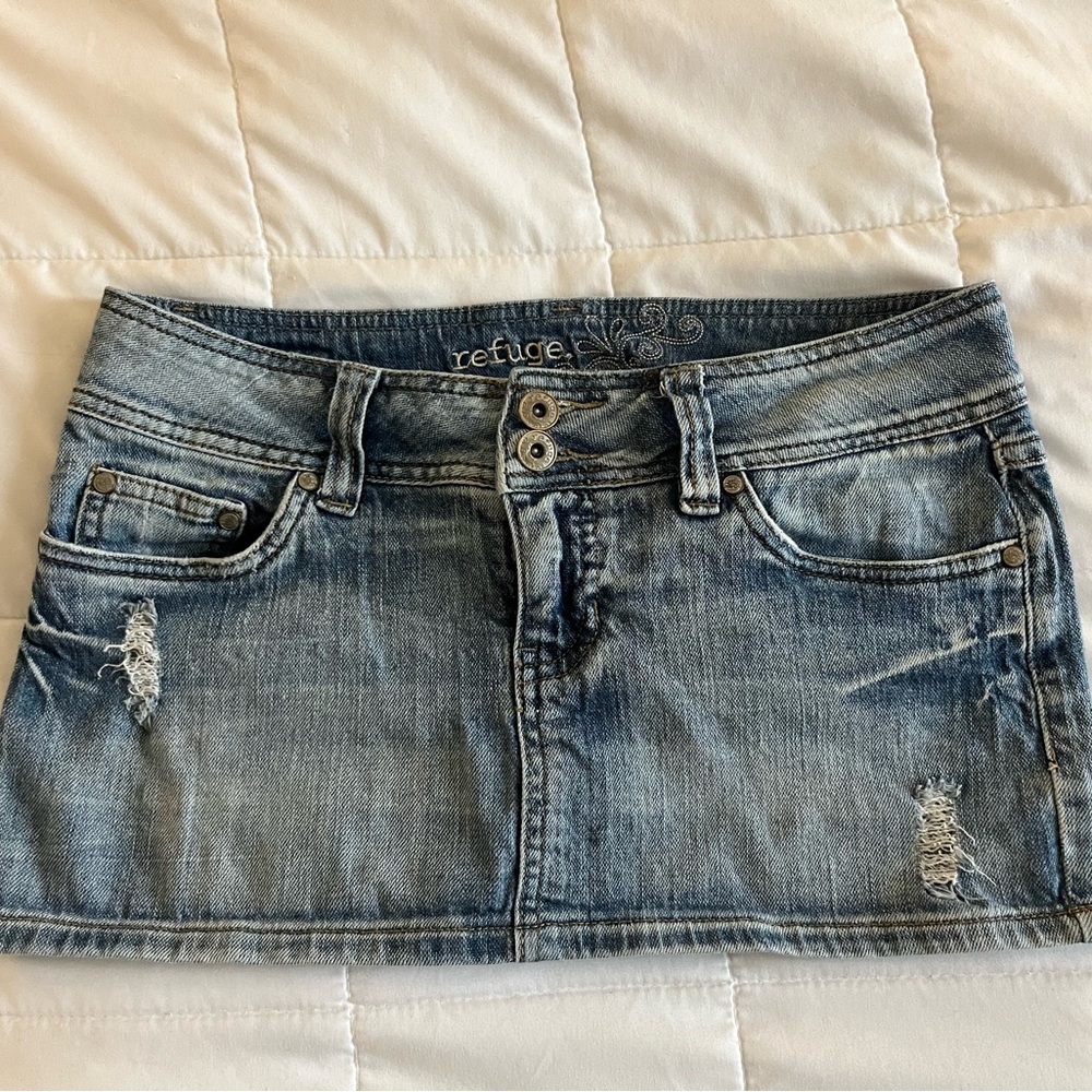 refuge Light Blue Distressed Denim Mini Skirt